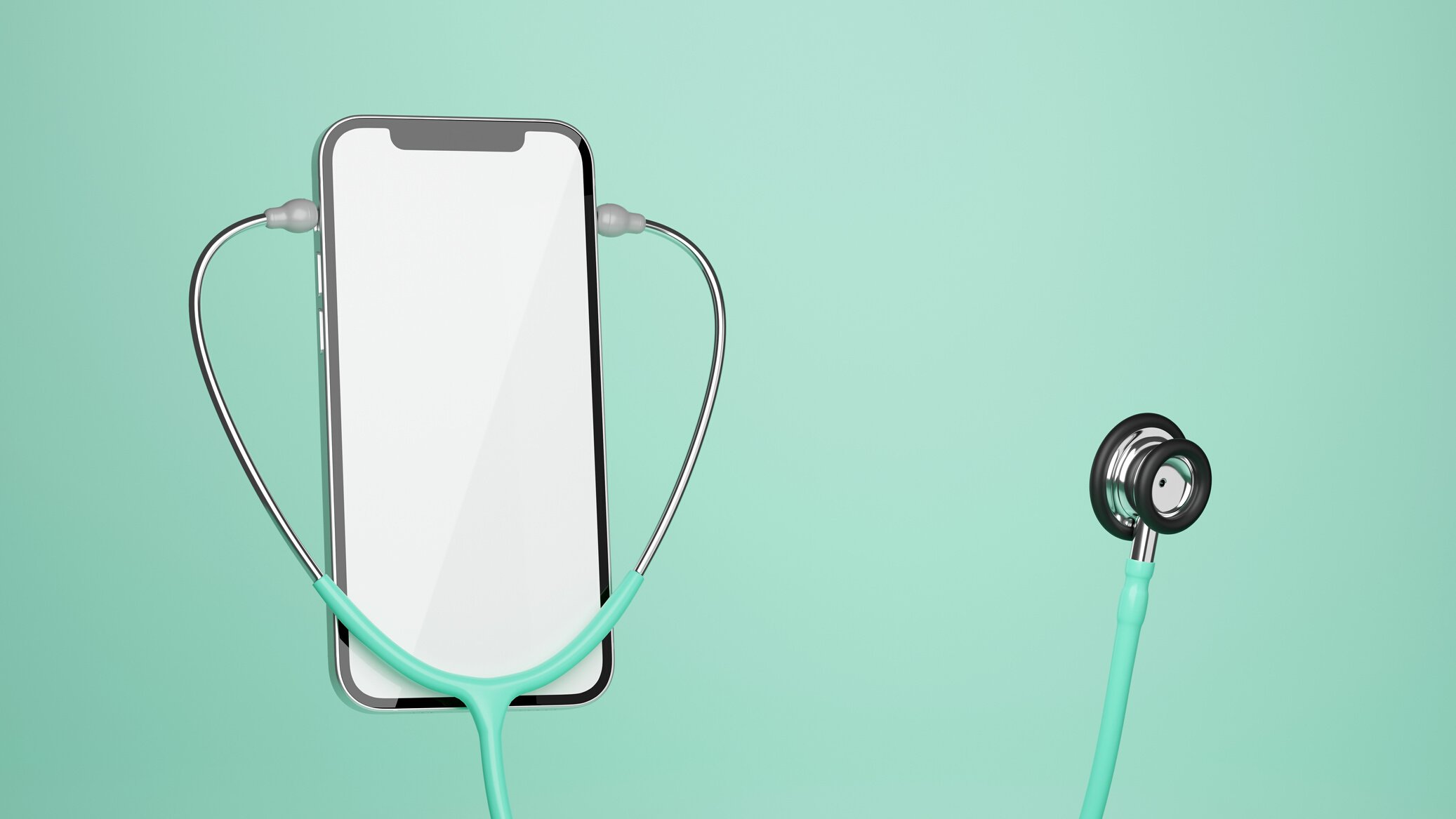 Smartphone and stethoscope on green background, medical apps